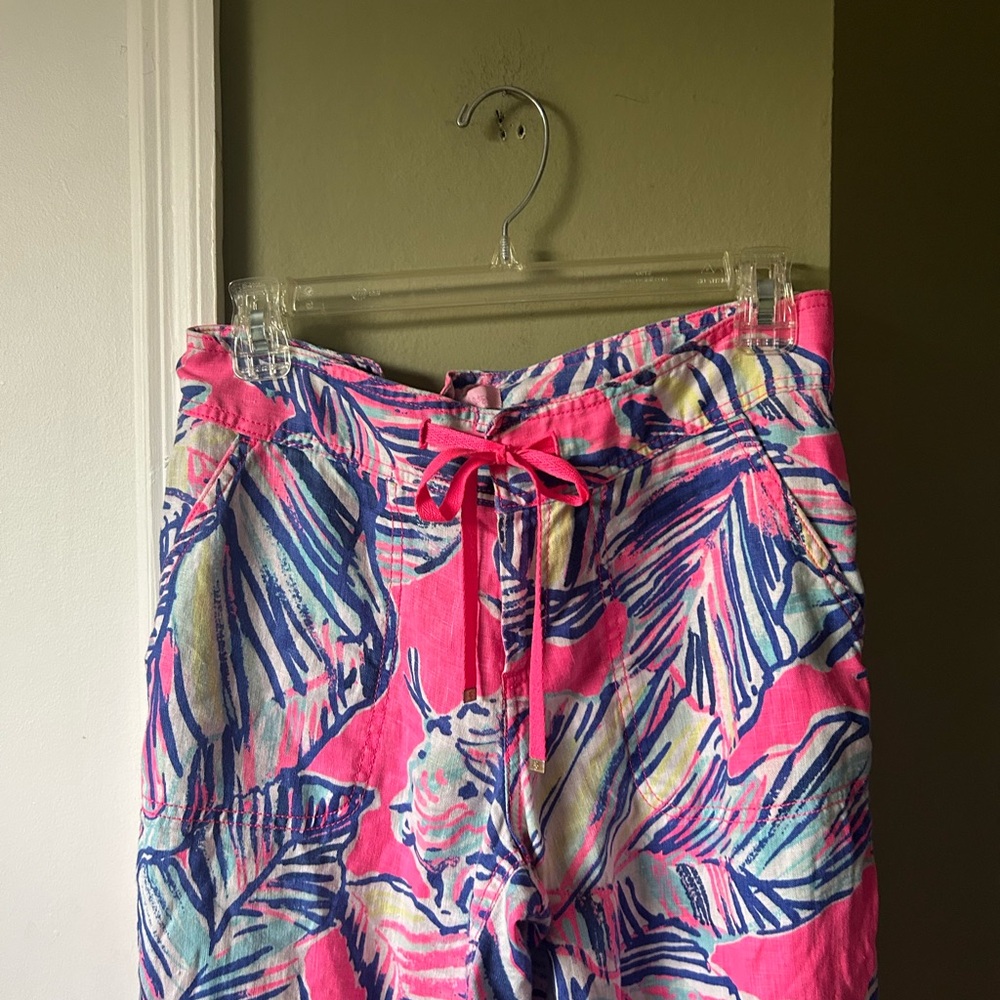 Lilly Pulitzer Linen Floral Print Drawstring Flare Pants Sz 4 - Picture 8 of 11
